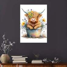 1入組高地牛與花卉帆布印刷,牆藝術畫,辦公室和家庭壁畫,藝術品,家居客廳臥室裝飾,不帶相框 - 彩色 - 查看 2