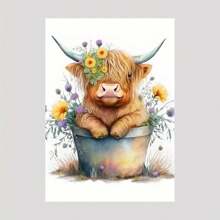 1入組高地牛與花卉帆布印刷,牆藝術畫,辦公室和家庭壁畫,藝術品,家居客廳臥室裝飾,不帶相框 - 彩色 - 查看 1