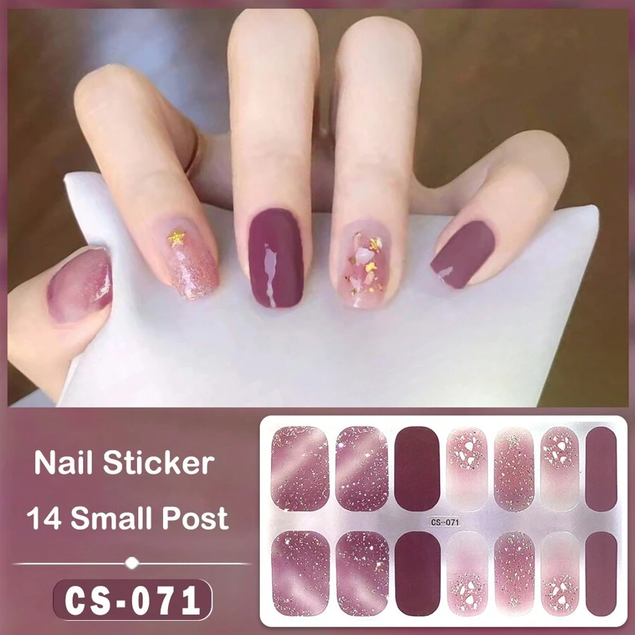 全貼式指甲油貼紙1片14貼自粘凝膠指甲包防水持久3d時尚指甲條diy指甲藝術裝飾女士女孩家居慶祝舞會假日旅行快速美甲粉色閃耀,附指甲文件 - 紫丁香色 - 查看 1