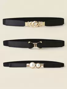 1/3pcs Women Elastic Waist Cincher, Pearl Buckle Skinny Waist Belt, Bow Tie Elastic Waistband, Fashion Versatile Waist Belt For Dress, Sweater, Jacket, Women Alloy Buckle Waist Belt