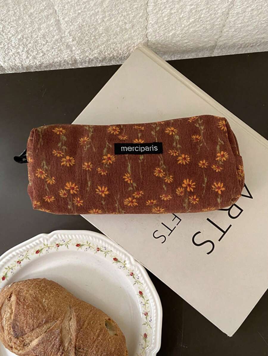 1 件天鹅绒面料艺术铅笔盒，复古学生风格化妆包，大容量高品质小众文具袋 - 紫紅色 - 查看 1