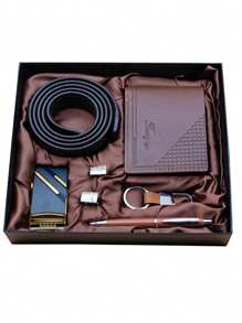 男性5入組/套皮帶、錢包、袖扣、鋼筆、鑰匙扣套禮盒 - 咖啡棕 - 查看 1