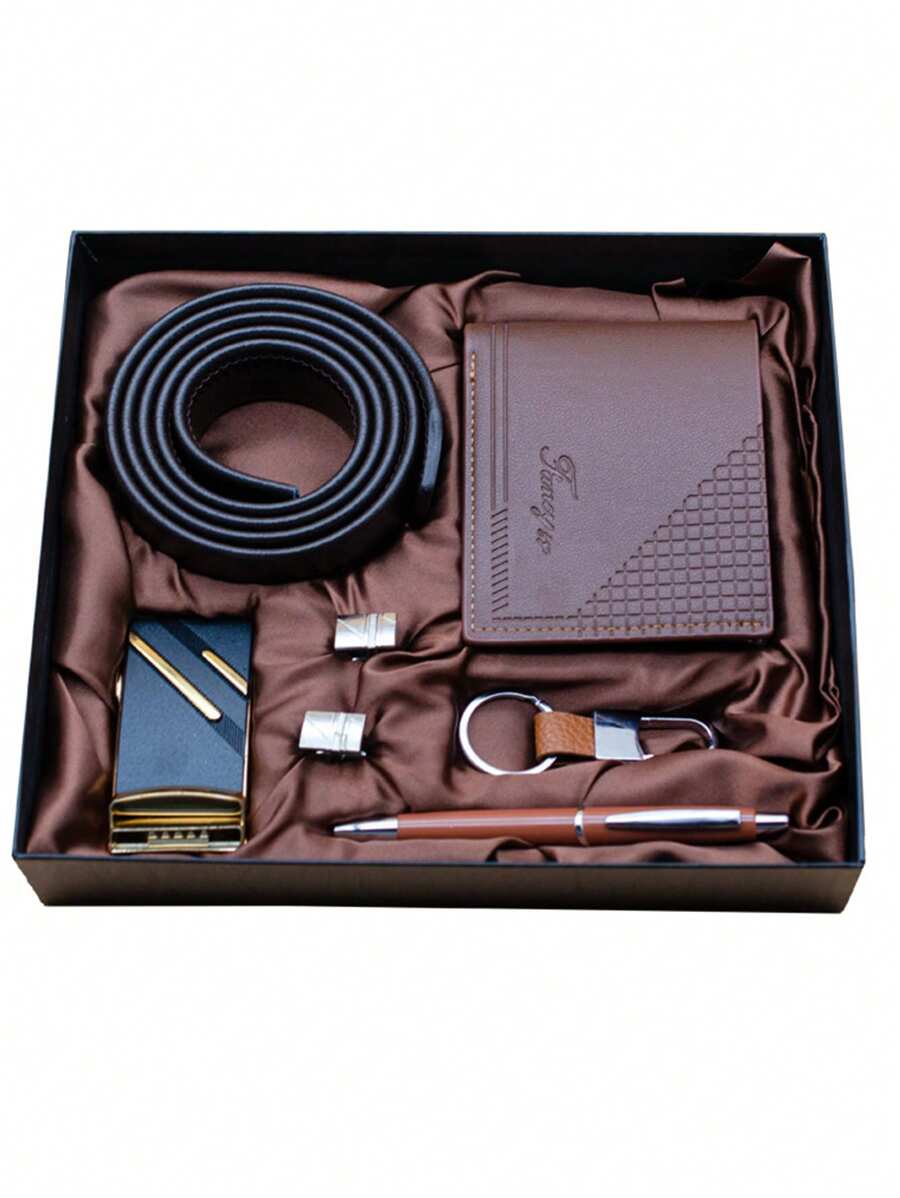 男性5入組/套皮帶、錢包、袖扣、鋼筆、鑰匙扣套禮盒 - 咖啡棕 - 查看 1
