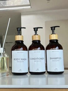 3件套500毫升洗发水/乳液分装瓶套装，带标签，适用于浴室洗发水、沐浴露和乳液的收纳，家居装饰，浴室装饰，秋季装饰，返校季装饰 - 棕色 - 查看 4