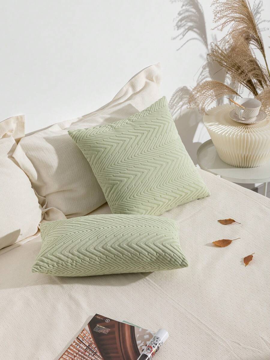 1pc Solid Color Wave Pattern Pillowcase With Color Weaving Jacquard Craftsmanship Suitable For Living Room Sofa, Bedroom, Garden Party Decoration - Green - View 1