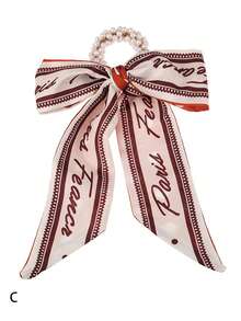 1只復古珍珠圍巾髮帶，適用於女性女孩，韓國風格蝴蝶結和長帶，波西米亞髮飾