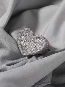 1 件时尚 3D 方晶锆石心形戒指适合日常佩戴，适合女性和情侣情人节、妈妈、母亲、母亲节、礼物 - 銀色 - 查看 1