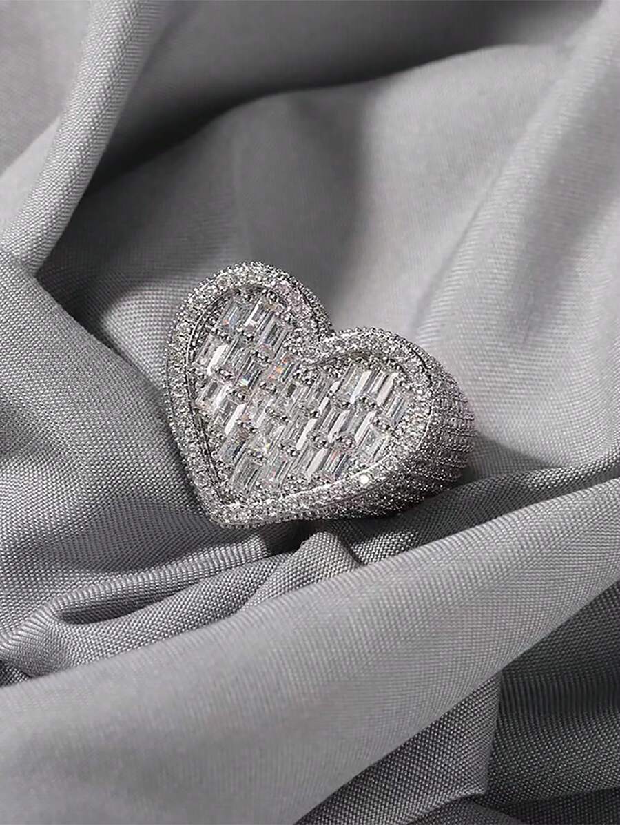 1 件时尚 3D 方晶锆石心形戒指适合日常佩戴，适合女性和情侣情人节、妈妈、母亲、母亲节、礼物 - 銀色 - 查看 1