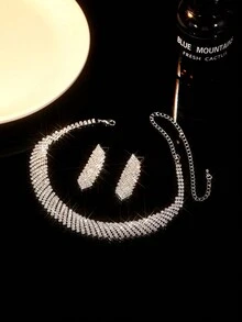 Grace夜店派對閃耀水晶鑽石假珍珠項鍊耳環套裝,婚禮派對珠寶3合1 - 銀色 - 查看 2