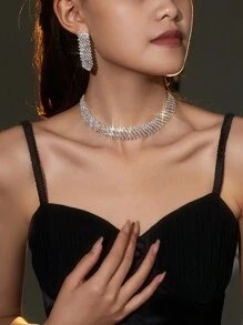 Grace夜店派對閃耀水晶鑽石假珍珠項鍊耳環套裝,婚禮派對珠寶3合1 - 銀色 - 查看 1