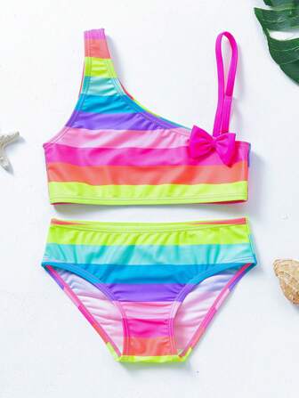 Kleine Mädchen Regenbogen Gestreift Schleife Vorne Bikini Set Sommer Strand