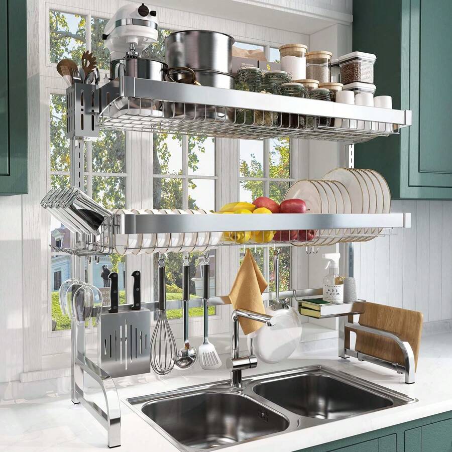 Over Sink Dish Drying Rack, Adjustable (25.6"-35.5") 3 Tier Large Dish Rack Drainer for Kitchen Storage Counter Organizer, Full 304 Stainless Steel Shelf with Utensil Holder and 10 Hooks - 銀色 - 查看 1