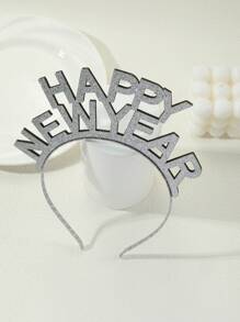 New Year Hair Accessories, 1pc Silver Tone Glittery Double-sided 'happy New Year' Letter Headband - Silver - View 2