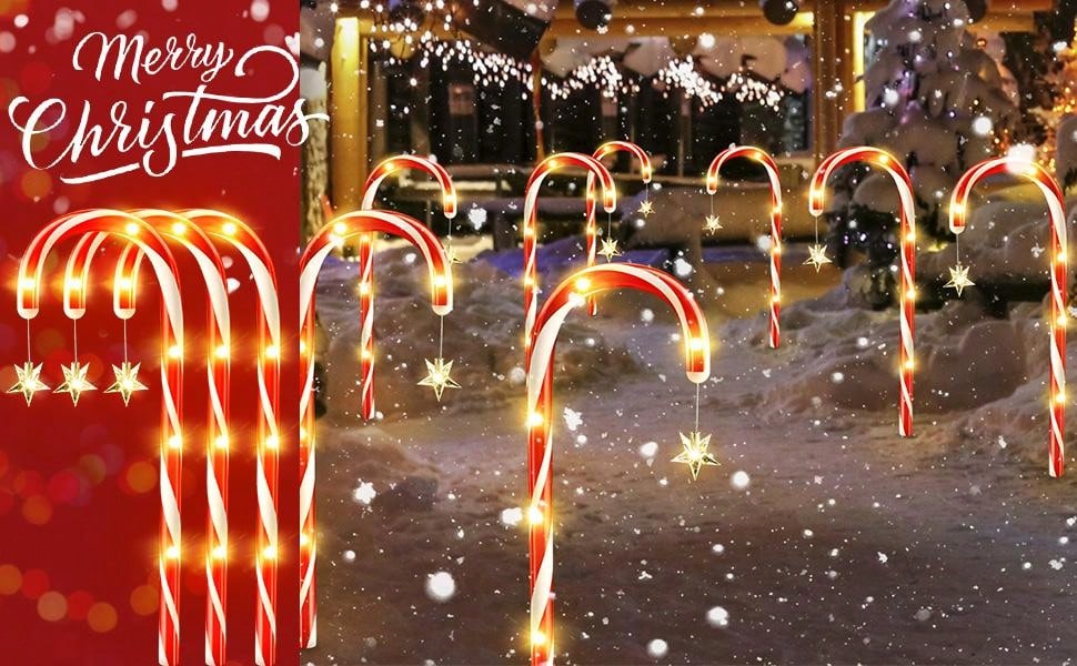 12 Pack Christmas Decorations Outside Solar Candy Cane Lights, Waterproof Outdoor Christmas