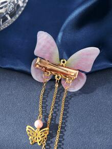 2pcs Butterfly & Tassel Vintage Style Hair Accessories, Cute Hair Clips - Pink - View 3