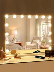 FENCHILIN Holly Wood Mirror With Lighting LED Type C And USB Charging Port 15 Dimmer Lights 3 Light Modes Make-Up Mirror With Lighting Holly Wood Mirror Wall-Mounted White 58cmx48cm - 白色 - 查看 7