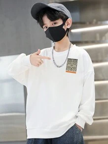 Tween Boy Letter & Geo Graphic Drop Shoulder Sweatshirt - White - View 3