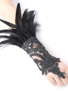 時尚黑羽毛和蕾絲手套,蕾絲頸圈和項鍊套裝,適用於哥德派對,cosplay,新娘飾品 - 3入組