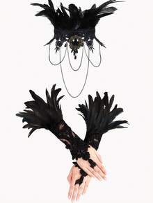 時尚黑羽毛和蕾絲手套,蕾絲頸圈和項鍊套裝,適用於哥德派對,cosplay,新娘飾品 - 3入組