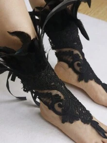 時尚黑羽毛和蕾絲手套,蕾絲頸圈和項鍊套裝,適用於哥德派對,cosplay,新娘飾品 - 3入組