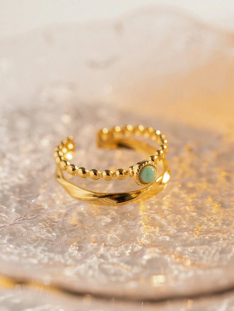 アマゾナイト ダブルレイヤーリング 天然石 素材 レディース 女性 ギフト アクセサリー - Yellow Gold - 見る 5