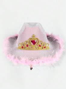 1pc Men's And Women's Shiny Pink Feather & Rhinestone Decor Western Cowboy Hat With Pull Cord, Vintage British Jazz Hat, Theme Party Halloween Carnival Hat, Wide Brim Woolen Hat, Fashionable Couple Hat, Felt Hat, Sun Hat, Autumn And Winter - Pink - View 3