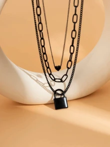 Collar Con Colgante En Capas Con Cerradura Y Corazón - Cerrar - Ver 4