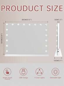 FENCHILIN Large Holly Wood Vanity Mirror With Lights Make-Up Mirror With 18 Dimmable Light Bulbs, 3-Color Light Settings, USB Port, Large Smart Bedroom Make-Up Mirror For Tabletop Wall Mount White 80cm X 58cm - White - View 9