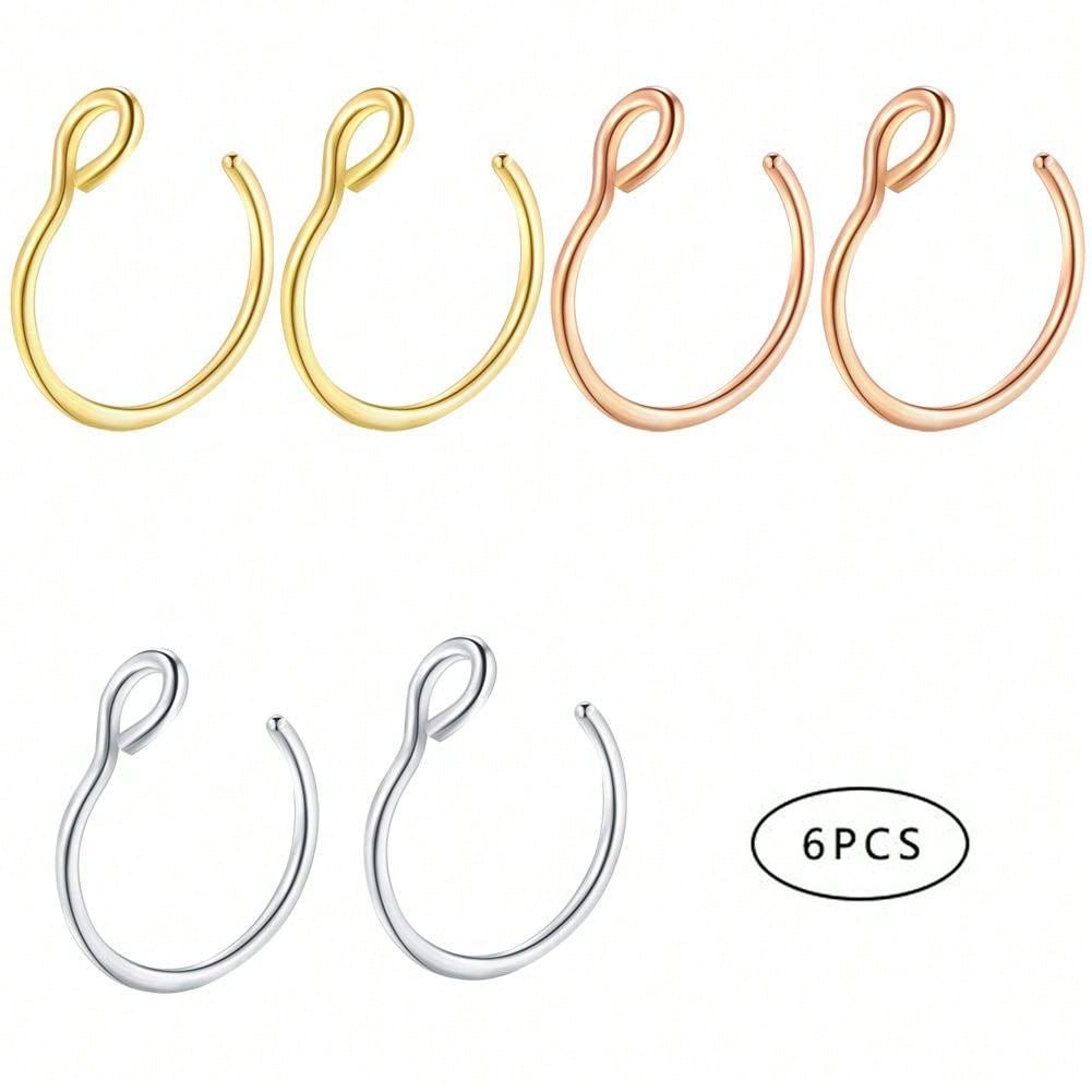6 PCS Nose Rings Stainless Steel Faux Clip On Hoops Earrings Nose Ring