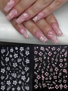 2 件裝 3d 芙蓉花指甲貼夏季裝飾花朵指甲貼花熱帶樹葉滑塊美甲箔 - 彩色 - 查看 1