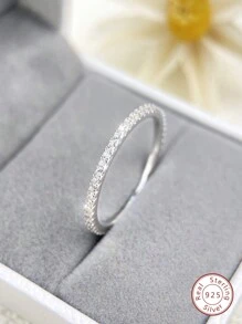 1枚简约闪亮单环纯银立方氧化锆女士珠宝永恒戒指，优雅珠宝礼品，适合女士日常装饰 - 銀色 - 查看 7