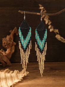 手工波西米亞風格串珠流蘇耳環 - 綠色 - 查看 1