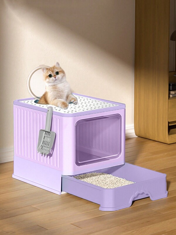 Large Fully Enclosed Cat Litter Box With Foldable Drawer, Deodorizing