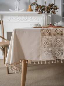 Bubaba 1pc Rectangular Tablecloth, Bohemian Farmhouse Style Handwoven Polyester With Beige Tassels, Home Decor Dining Mat For Table, Picnic, Party, Restaurant, Kitchen, Bedroom, All Seasons - Milky White - View 2