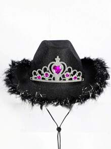 1pc Men's And Women's Shiny Pink Feather & Rhinestone Decor Western Cowboy Hat With Pull Cord, Vintage British Jazz Hat, Theme Party Halloween Carnival Hat, Wide Brim Woolen Hat, Fashionable Couple Hat, Felt Hat, Sun Hat, Autumn And Winter - Pink - View 11