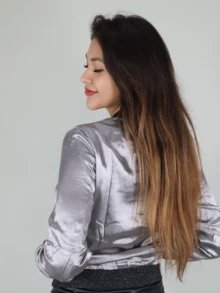 Satin Bomber Jacket, Shiny Collar. - Silver - View 2