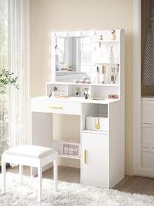 Dressing Table With Mirror And 10 LED Lights, Dressing Table With 3 Shelves & 4 Open Compartments, Dressing Table With Large Drawer & Cabinet, 3 Adjustable Lighting Levels - White - View 2