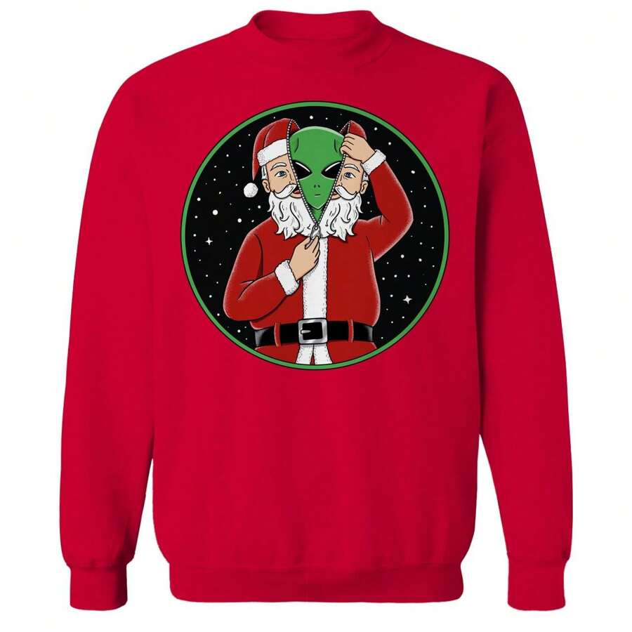 Nearly There Christmas Alien Graphic Red Unisex Cotton Pullover Sweatshirt - Đỏ - Xem 1