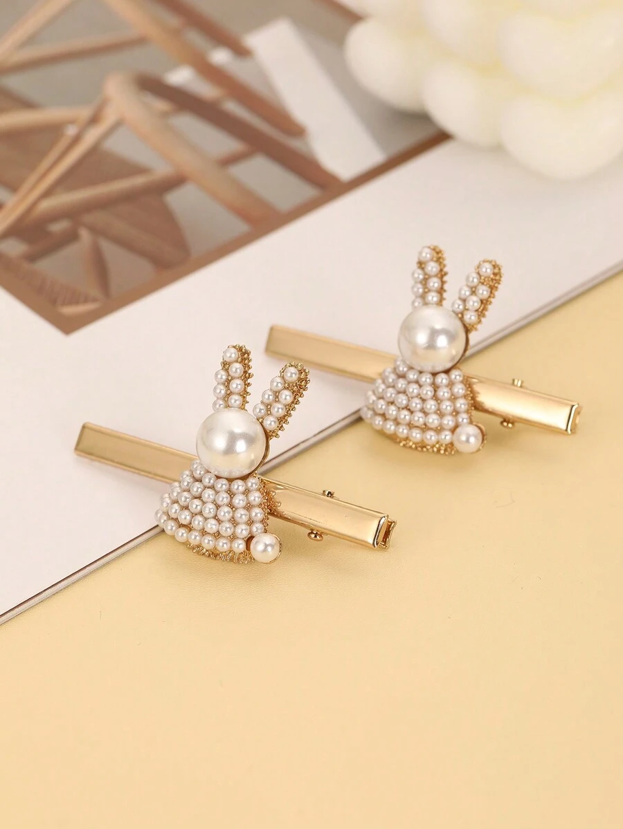 2入組可愛珍珠兔子和側面鱷魚夾，女士髮飾