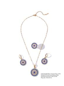 經典鍍銅合金霧面圓形吊墜項鍊配耳環和戒指套裝,鑲嵌滿水鑽,適合女士日常佩戴