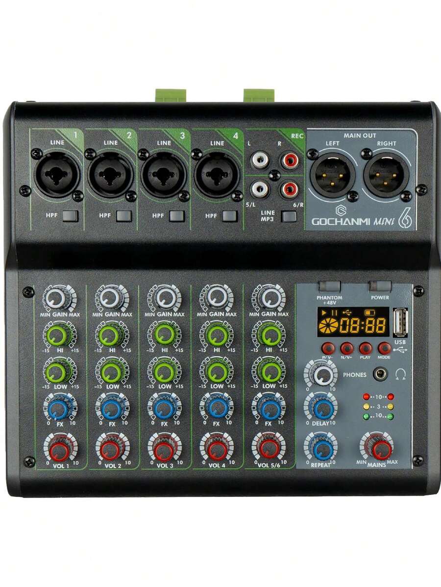 Mezcladora Amplificada Gochanmi Mini6 Power Mixer 6 Canales Consola Activa Bluetooth USB EQ - Negro - Ver 1