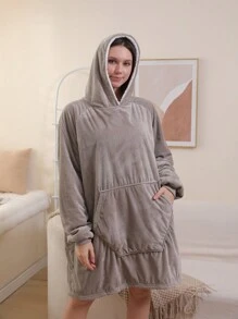 1pc Solid Color Wearable Blanket With Hoodie Top For Homewear - Grey - View 2