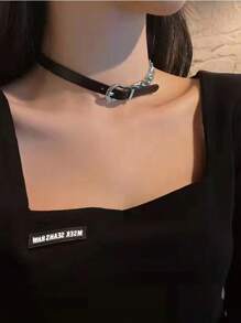 1 件女士黑色皮革頸鍊項鍊,性感鎖定項圈鏈首飾,適合您的頸部 - 黑色 - 查看 5