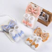 3pcs/set Baby Girls' Ribbon Bowknot Socks And Headband Set, White Lace Bow And Cute No-slip Socks For Newborns Learning To Walk - Coral Orange - View 5