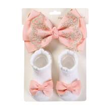 3pcs/set Baby Girls' Ribbon Bowknot Socks And Headband Set, White Lace Bow And Cute No-slip Socks For Newborns Learning To Walk - Coral Orange - View 3