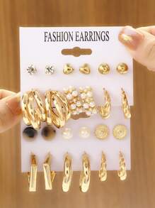 12 Pairs Fashionable Versatile Heart-Shaped Faux Pearl Decorated Earrings - Multicolor - View 11
