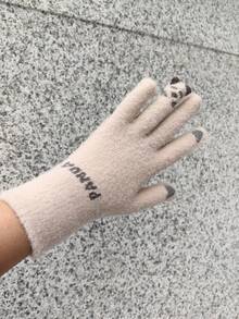 1只女士冬季手套,可愛動物造型,加厚保暖,抗寒,針織,觸控屏幕,全指可用,白色