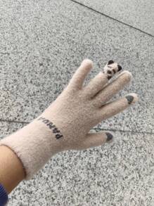 1只女士冬季手套,可愛動物造型,加厚保暖,抗寒,針織,觸控屏幕,全指可用,白色