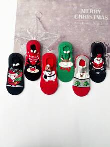 6 perechi de șosete de Crăciun pentru femei, cu desene animate, fără mâneci, cu Moș Crăciun, brad de Crăciun, fulg de zăpadă și sanie