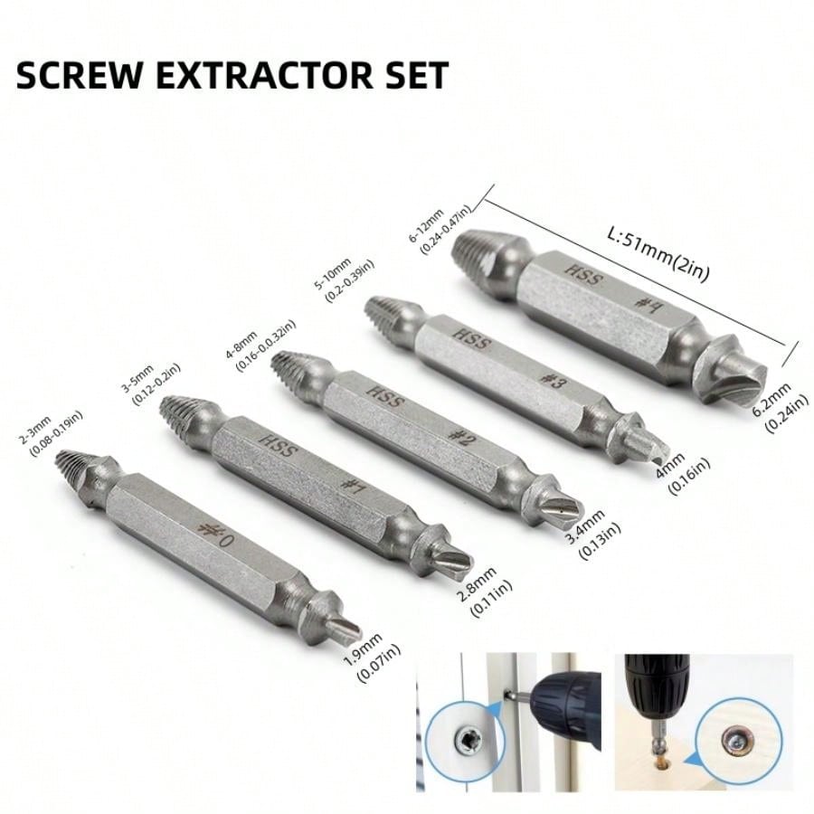 5pcs Damaged Screw Extractor Kit For Removing Burred Bolt, Nut & Stud